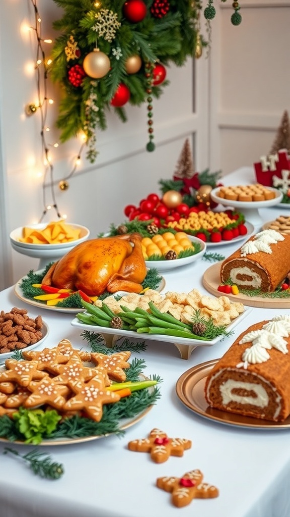 A festive Christmas buffet table with roast turkey, vegetables, and holiday desserts.